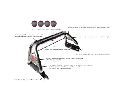 Black Horse Off Road - CLASSIC Roll Bar With 2 Sets of 5.3" Red Trim Rings LED Flood Lights-Stainless Steel-2005-2023 Toyota Tacoma|Black Horse Off Road - Image 12