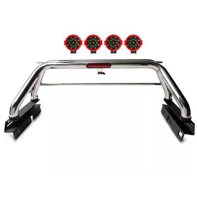 Black Horse Off Road - CLASSIC Roll Bar With 2 pairs of 7.0" Red Trim Rings LED Flood Lights-Stainless Steel-2005-2023 Toyota Tacoma|Black Horse Off Road - Image 8