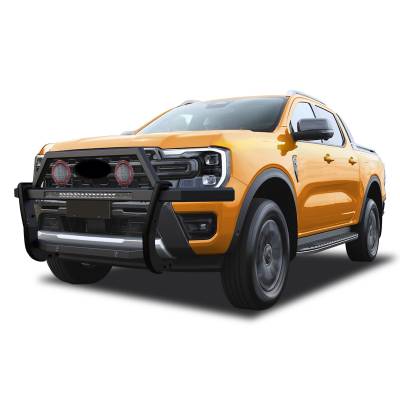 Black Horse Off Road - RAMBLER Grille Guard With Set of 5.3" Red Trim Rings LED Flood Lights and 30" LED Bar Single Row-Black-2019-2023 Ford Ranger|Black Horse Off Road - Image 1