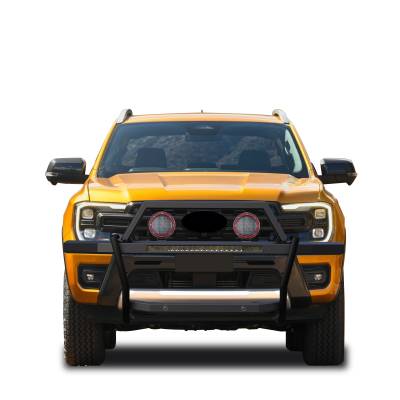 Black Horse Off Road - RAMBLER Grille Guard With Set of 5.3" Red Trim Rings LED Flood Lights and 30" LED Bar Single Row-Black-2019-2023 Ford Ranger|Black Horse Off Road - Image 2