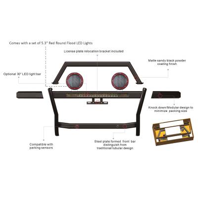 Black Horse Off Road - RAMBLER Grille Guard With Set of 5.3" Red Trim Rings LED Flood Lights and 30" LED Bar Single Row-Black-2019-2023 Ford Ranger|Black Horse Off Road - Image 4