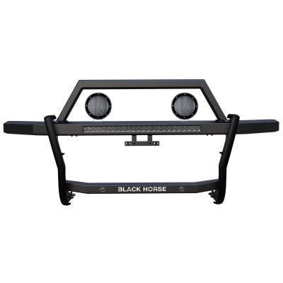 RAMBLER Grille Guard With Set of 5.3" Black Trim Rings LED Flood Lights and 30" LED Bar Single Row-Black-2021-2023 Ford Bronco|Black Horse Off Road