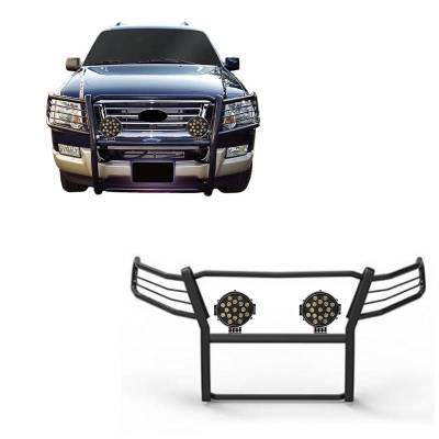 Grille Guard With Set of 7.0" Black Trim Rings LED Flood Lights-Black-2006-2010 Ford Explorer|Black Horse Off Road