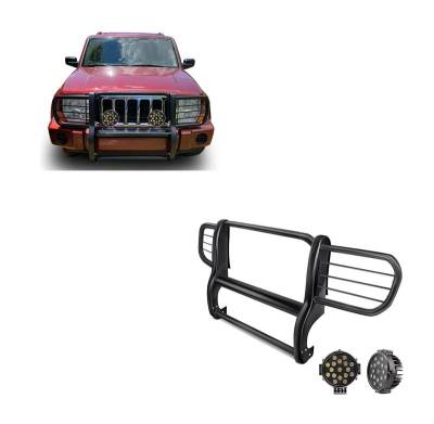 Grille Guard With Set of 7.0" Black Trim Rings LED Flood Lights-Black-2006-2010 Jeep Commander|Black Horse Off Road