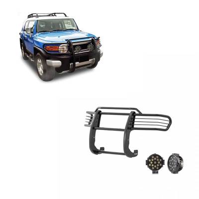 Grille Guard With Set of 7.0" Black Trim Rings LED Flood Lights-Black-2007-2014 Toyota FJ Cruiser|Black Horse Off Road