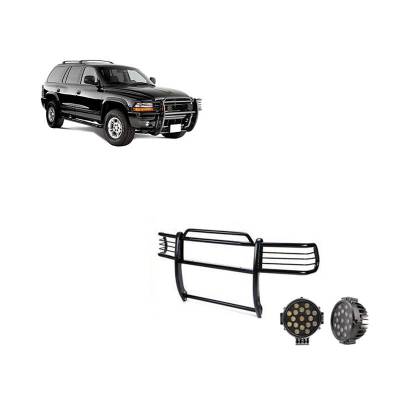 Grille Guard With Set of 7.0" Black Trim Rings LED Flood Lights-Black-Dakota/Durango|Black Horse Off Road