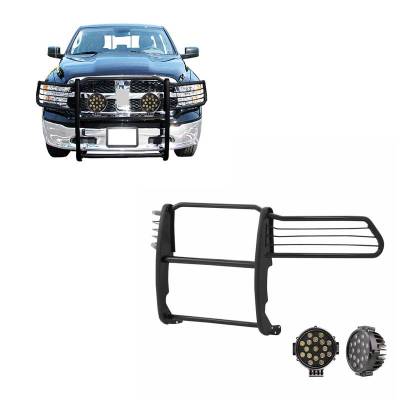 Grille Guard With Set of 7.0" Black Trim Rings LED Flood Lights-Black-Ram 1500/1500/1500 Classic|Black Horse Off Road