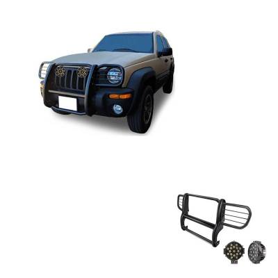 Grille Guard With Set of 7.0" Black Trim Rings LED Flood Lights-Black-2002-2007 Jeep Liberty|Black Horse Off Road