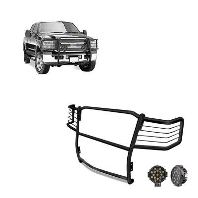 Grille Guard With Set of 7.0" Black Trim Rings LED Flood Lights-Black-F-250/F-350/F-450/F-550 SD|Black Horse Off Road