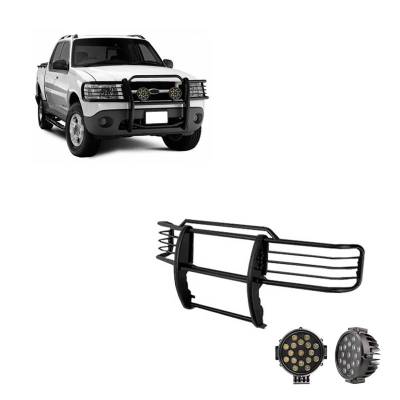 Grille Guard With Set of 7.0" Black Trim Rings LED Flood Lights-Black-Explorer Sport/Explorer Sport Trac|Black Horse Off Road