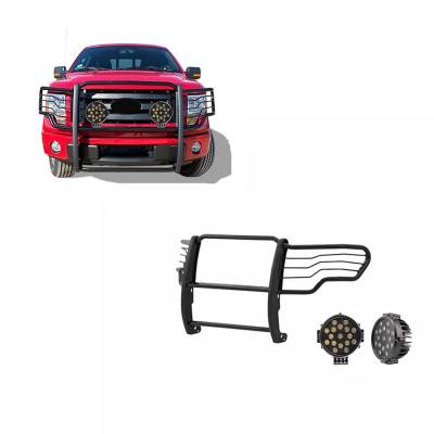 Grille Guard With Set of 7.0" Black Trim Rings LED Flood Lights-Black-2009-2014 Ford F-150|Black Horse Off Road