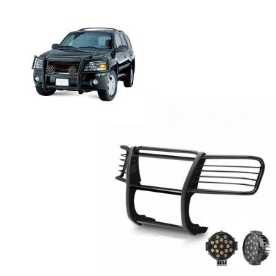 Grille Guard With Set of 7.0" Black Trim Rings LED Flood Lights-Black-Envoy/Envoy XL|Black Horse Off Road