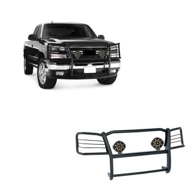 Grille Guard With Set of 7.0" Black Trim Rings LED Flood Lights-Black-Silverado 1500/Silverado 1500 HD Classic|Black Horse Off Road