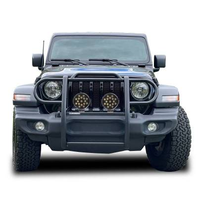 Grille Guard With Set of 7.0" Black Trim Rings LED Flood Lights-Black-Gladiator/Wrangler|Black Horse Off Road