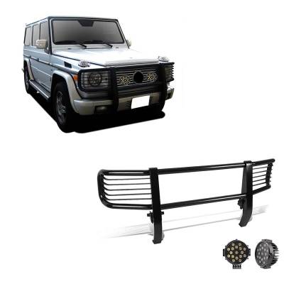 Grille Guard With Set of 7.0" Black Trim Rings LED Flood Lights-Black-G55 AMG/G500|Black Horse Off Road