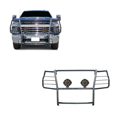 Black Horse Off Road - Grille Guard With Set of 7.0" Black Trim Rings LED Flood Lights-Black-Silverado 3500 HD/Silverado 2500 HD|Black Horse Off Road - Image 2