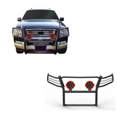 Grille Guard With Set of 7.0" Red Trim Rings LED Flood Lights-Black-Explorer/Explorer|Black Horse Off Road