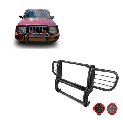 Grille Guard With Set of 7.0" Red Trim Rings LED Flood Lights-Black-2006-2010 Jeep Commander|Black Horse Off Road