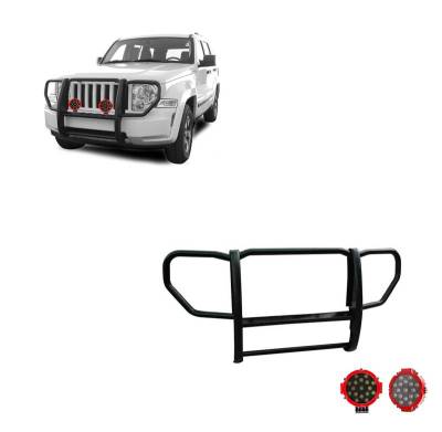 Grille Guard With Set of 7.0" Red Trim Rings LED Flood Lights-Black-2008-2012 Jeep Liberty|Black Horse Off Road