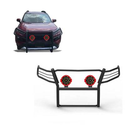 Grille Guard With Set of 7.0" Red Trim Rings LED Flood Lights-Black-2019-2024 Toyota RAV4|Black Horse Off Road