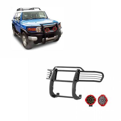 Grille Guard With Set of 7.0" Red Trim Rings LED Flood Lights-Black-2007-2014 Toyota FJ Cruiser|Black Horse Off Road