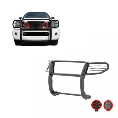 Grille Guard With Set of 7.0" Red Trim Rings LED Flood Lights-Black-Frontier/Pathfinder|Black Horse Off Road