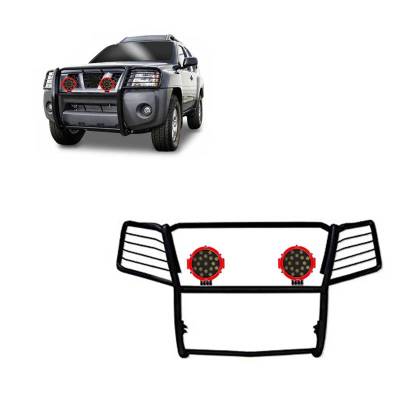 Grille Guard With Set of 7.0" Red Trim Rings LED Flood Lights-Black-2005-2015 Nissan Xterra|Black Horse Off Road