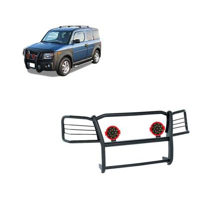 Grille Guard With Set of 7.0" Red Trim Rings LED Flood Lights-Black-2003-2008 Honda Element|Black Horse Off Road