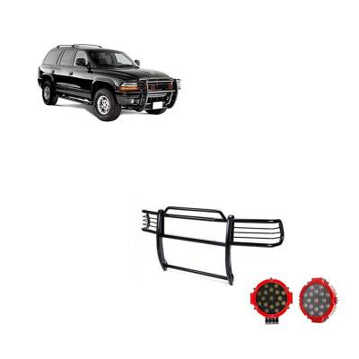 Grille Guard With Set of 7.0" Red Trim Rings LED Flood Lights-Black-Dakota/Durango|Black Horse Off Road