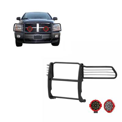 Grille Guard With Set of 7.0" Red Trim Rings LED Flood Lights-Black-Ram 1500/Ram 2500/Ram 3500|Black Horse Off Road