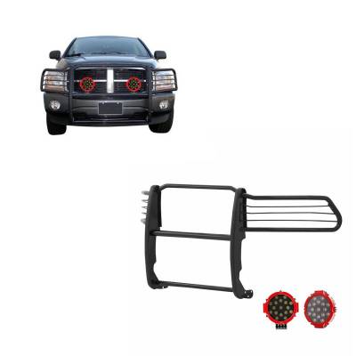 Grille Guard With Set of 7.0" Red Trim Rings LED Flood Lights-Black-Ram 1500/Ram 2500/Ram 3500|Black Horse Off Road