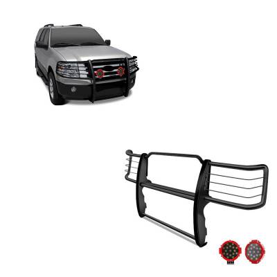 Grille Guard With Set of 7.0" Red Trim Rings LED Flood Lights-Black-Explorer/Mountaineer|Black Horse Off Road