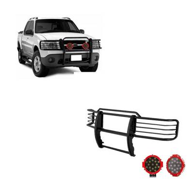 Grille Guard With Set of 7.0" Red Trim Rings LED Flood Lights-Black-Explorer Sport/Explorer Sport Trac|Black Horse Off Road