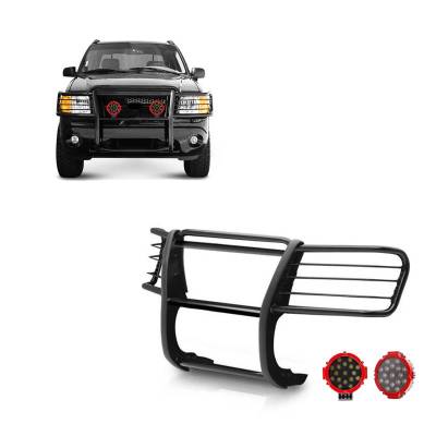 Grille Guard With Set of 7.0" Red Trim Rings LED Flood Lights-Black-2002-2005 Ford Explorer|Black Horse Off Road