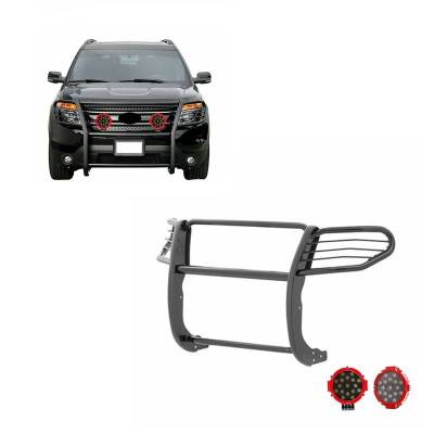 Grille Guard With Set of 7.0" Red Trim Rings LED Flood Lights-Black-2016-2019 Ford Explorer|Black Horse Off Road