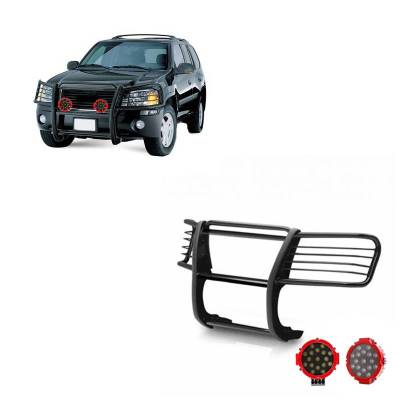 Grille Guard With Set of 7.0" Red Trim Rings LED Flood Lights-Black-Envoy/Envoy XL|Black Horse Off Road