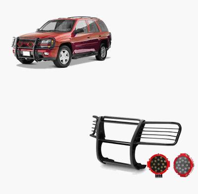 Grille Guard With Set of 7.0" Red Trim Rings LED Flood Lights-Black-Trailblazer/Trailblazer EXT|Black Horse Off Road