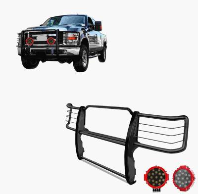 Grille Guard With Set of 7.0" Red Trim Rings LED Flood Lights-Black-Silverado 2500 HD/Silverado 3500 HD|Black Horse Off Road