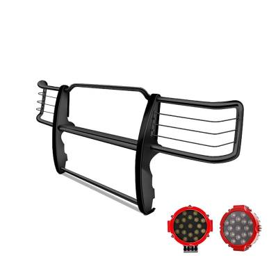 Grille Guard With Set of 7.0" Red Trim Rings LED Flood Lights-Black-Silverado 2500 HD/Silverado 3500 HD|Black Horse Off Road