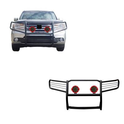 Grille Guard With Set of 7.0" Red Trim Rings LED Flood Lights-Black-2016-2020 Honda Pilot|Black Horse Off Road