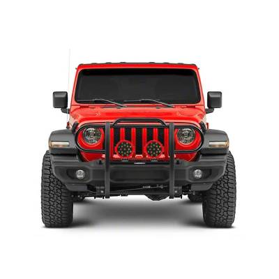 Grille Guard With Set of 7.0" Red Trim Rings LED Flood Lights-Black-Gladiator/Wrangler|Black Horse Off Road