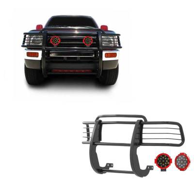 Grille Guard With Set of 7.0" Red Trim Rings LED Flood Lights-Black-4Runner/Tacoma|Black Horse Off Road