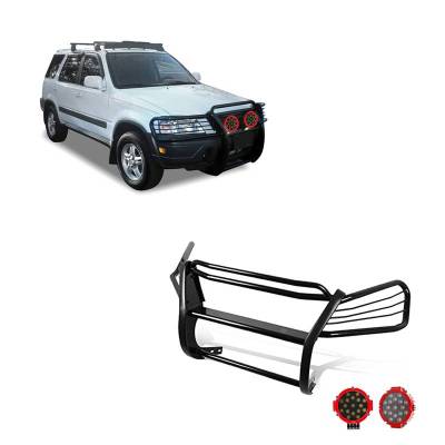 Grille Guard With Set of 7.0" Red Trim Rings LED Flood Lights-Black-1997-2001 Honda CR-V|Black Horse Off Road