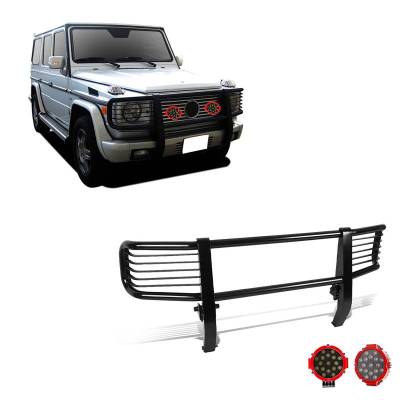 Grille Guard With Set of 7.0" Red Trim Rings LED Flood Lights-Black-G55 AMG/G500|Black Horse Off Road