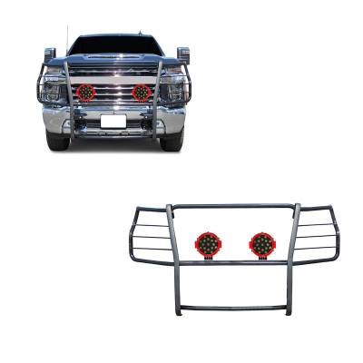 Grille Guard With Set of 7.0" Red Trim Rings LED Flood Lights-Black-Silverado 3500 HD/Silverado 2500 HD|Black Horse Off Road