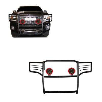 Grille Guard With Set of 7.0" Red Trim Rings LED Flood Lights-Black-Sierra 2500 HD/Sierra 3500 HD|Black Horse Off Road