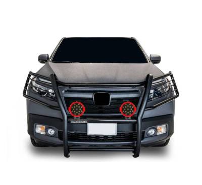 Grille Guard With Set of 7.0" Red Trim Rings LED Flood Lights-Black-2016-2019 Honda Ridgeline|Black Horse Off Road