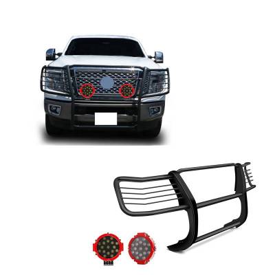 Black Horse Off Road - Grille Guard With Set of 7.0" Red Trim Rings LED Flood Lights-Black-2016-2024 Nissan Titan XD|Black Horse Off Road - Image 2