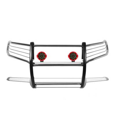 Grille Guard With Set of 7.0" Red Trim Rings LED Flood Lights-Stainless Steel-Frontier/Pathfinder|Black Horse Off Road