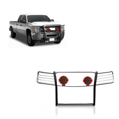 Grille Guard With Set of 7.0" Red Trim Rings LED Flood Lights-Stainless Steel-2014-2018 Chevrolet Silverado 1500|Black Horse Off Road